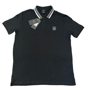 Hugo Boss Mens Large Black Regular Fit Tipped Collar Polo Shirt Logo Patch
